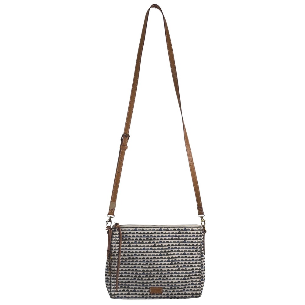Fossil Emma Crossbody Bag Blue Black Geometric Print Canvas Brass Key Charm SM